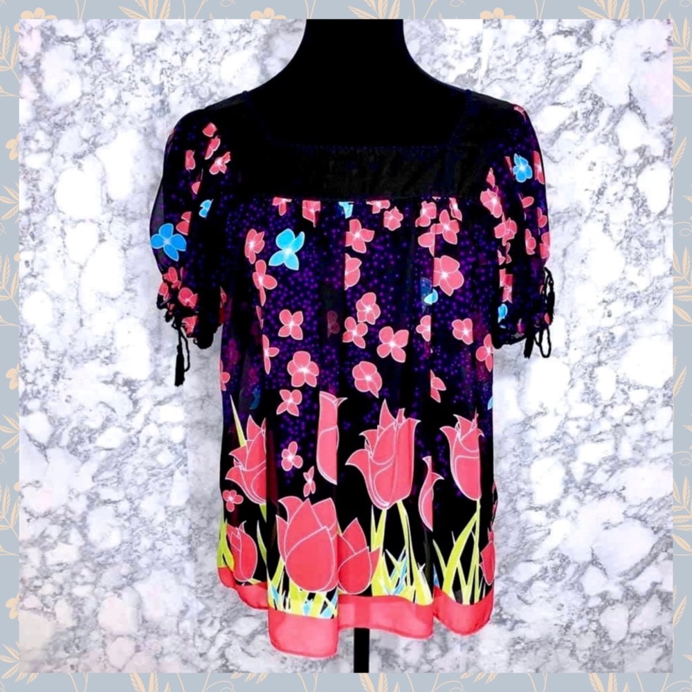 Nicole Miller 90s Floral Tulip Pullover  Square Neck Blouse Women’s Small
